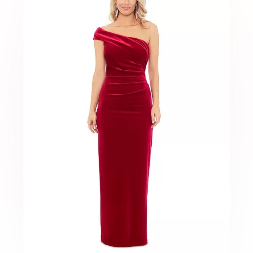 XSCAPE Women's One-Shoulder Ruched Velvet Gown Red Dress $229 Size 14 NWT